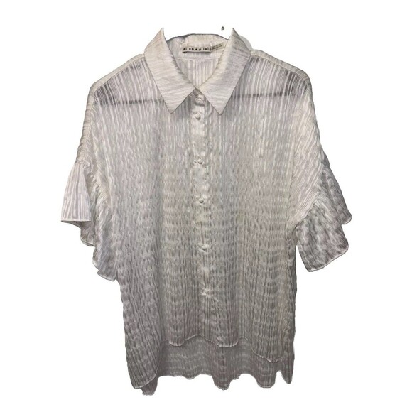 Alice + Olivia Tops - Alice Olivia Edyth Ruffle Button Shirt Women L White Short Flutter Sleeve Blouse